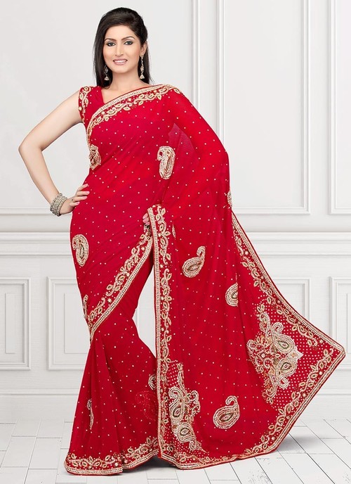 Red Faux Chiffon Saree