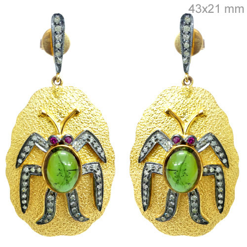 Green Tourmaline Ruby Diamond Gold Earrings