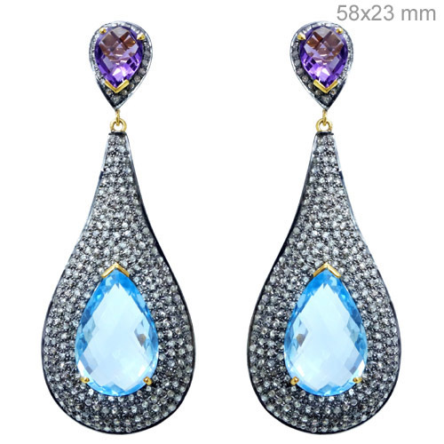 Blue Topaz Amethyst Diamond Gold Earrings