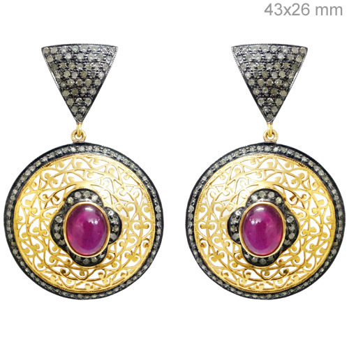 Ruby Pave Diamond Gold Earrings