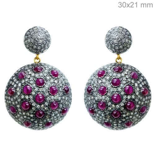 Pave Diamond Ruby Gold Earrings