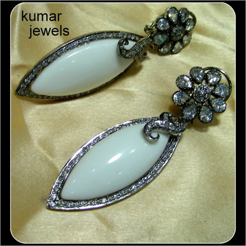 White Stone Earring - Stone Zircon 25x10 mm Elegant Oval Flower Clip-On Design