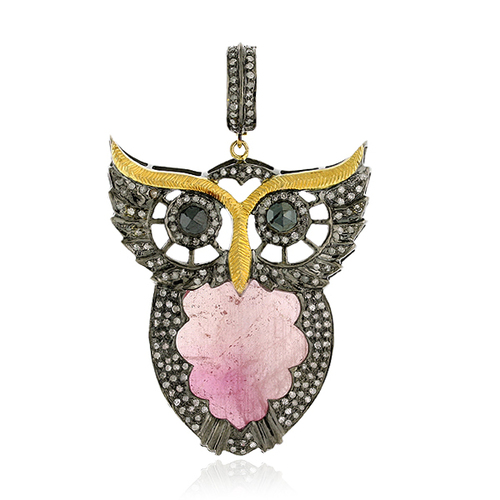 Gold Diamond Gemstone Owl Pendant Jewelry