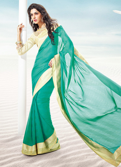 Indian Sarees - Faux Georgette, 5.5 Meters, Teal | Printed Design, Soft Fabric, Elegant Style, Dry Clean