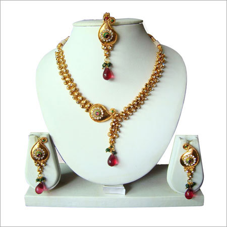 Pink Green Kundan Gold Tone Necklace Set 49