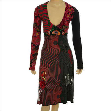Trendy Ladies Fashion Dress - Knit Fabric, S-XL, Red | Stylish Tunic, Beads Embellishment, Bohemian Print, Floral Embroidery, Deep V-Neck, Mid-Calf Length