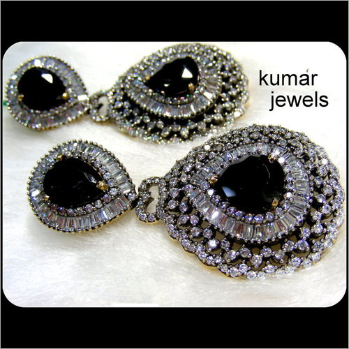 Antique Black Dangler - Silver Alloy 2 Inch, Platinum Plated | Black CZ & Semi-Precious Stones, Elegant Design