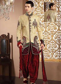 Charming Gold Banarasi Silk Sherwani - Pure Banarasi Silk, Gold, Hand-embroidered Sequins And Beads, Custom Fit