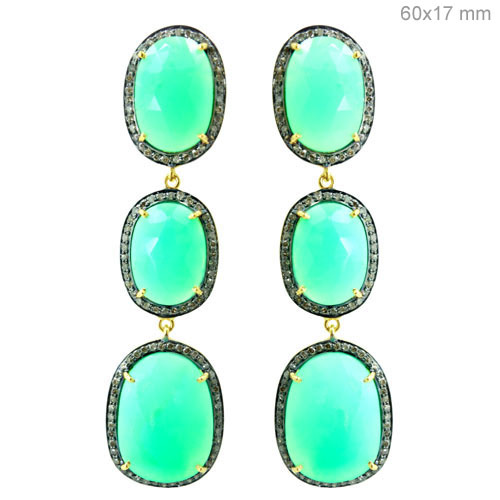 Pave Diamond Chrysoprase Gold Earrings - 14k Gold, 60x17 mm, Chrysoprase Green, 1.2 CTS Diamonds | Elegant Design, Luxury Appeal, Gift Suitable