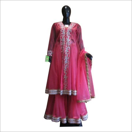 Designer Ethnic Wear - Net Fabric, Floor-length, Pink Color | Intricate Silver & White Embroidery, Full Sleeves, Matching Dupatta, Elegant A-line Fall