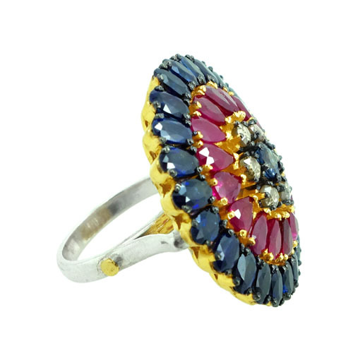 Diamond Multi Gemstone Cocktail Ring - 14k Gold, 31x31 mm, Sapphire/Ruby, 0.63 ct Diamond, Elegant Design