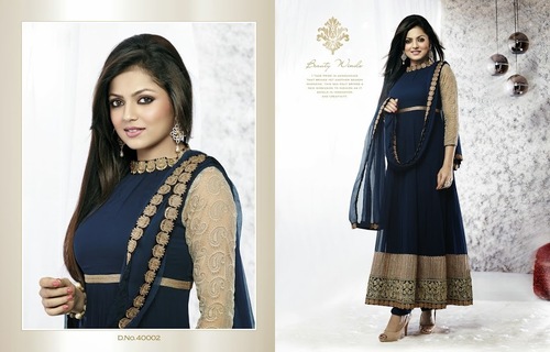 Designer Dresses - Silk, Customizable Size, Navy Blue | Embroidery, Elegant Design, Floor-Length Anarkali, Stylish Sleeves, Decent Look