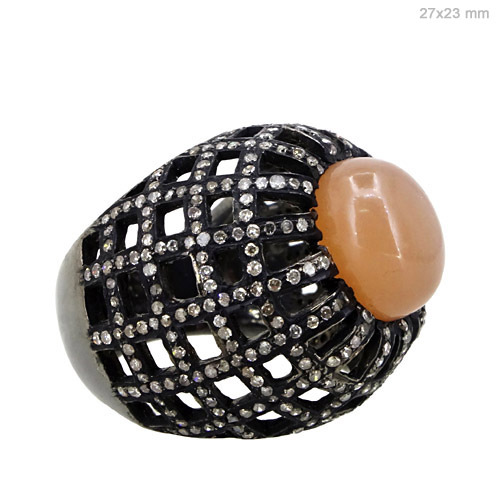Pave Diamond Moonstone Silver Ring