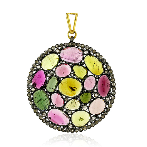 Diamond Gold Gemstone Cluster Pendant - 18k Gold Sterling Silver 52x40 mm, Multi Tourmaline 15 Ct, 1.23 Ct Diamond, Handcrafted High-Fashion Party Wear