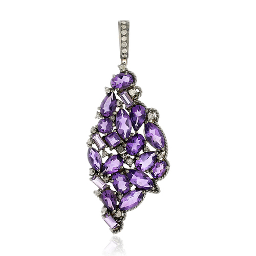 Pave Diamond Gemstone Pendant Jewelry - 18k Gold Sterling Silver 63x22mm, Amethyst 10.70 Ct, Diamond 0.72 Ct, Elegant Luxury Party Wear