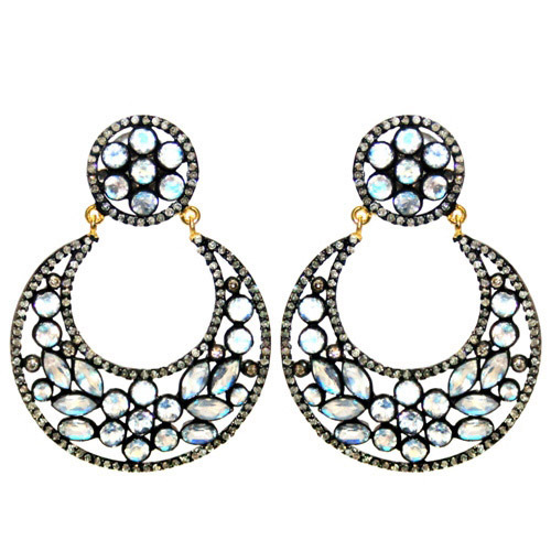 Pave Diamond Moonstone Gold Earrings