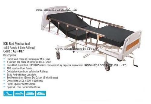 ICU Bed Mechanical - Steel Frame 210x90x60 cm, Epoxy Finish | Adjustable Sections, ABS Panels, Collapsible Aluminum Side Rails