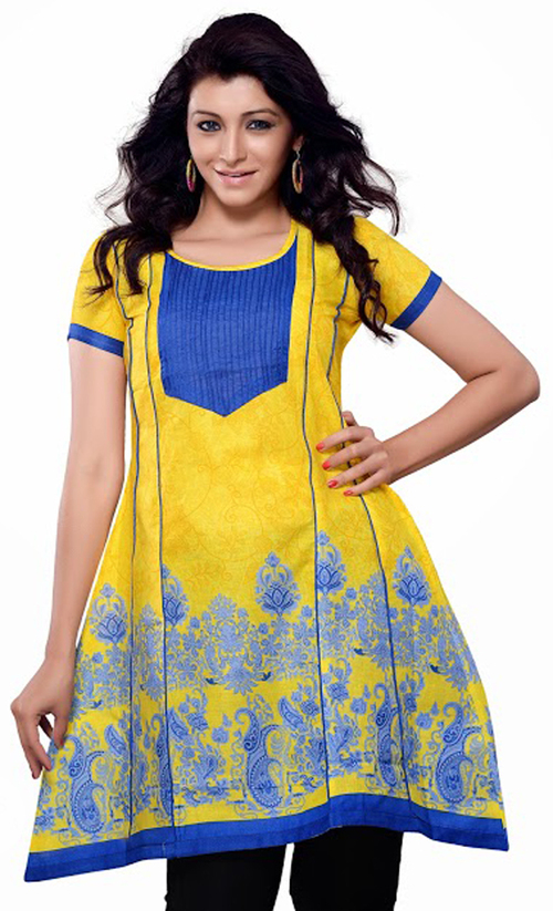 Cotton Kurti Design - Cotton, L to XXL, Yellow | Stylish Printed Kurti, Short Sleeves, Knee Length