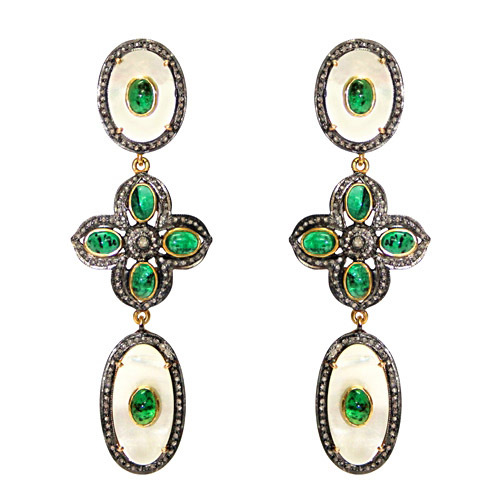 M.O.P Emerald Diamond Gold Earrings