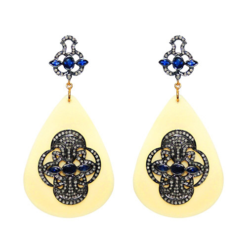 Blue Sapphire Bakelite Diamond Gold Earrings