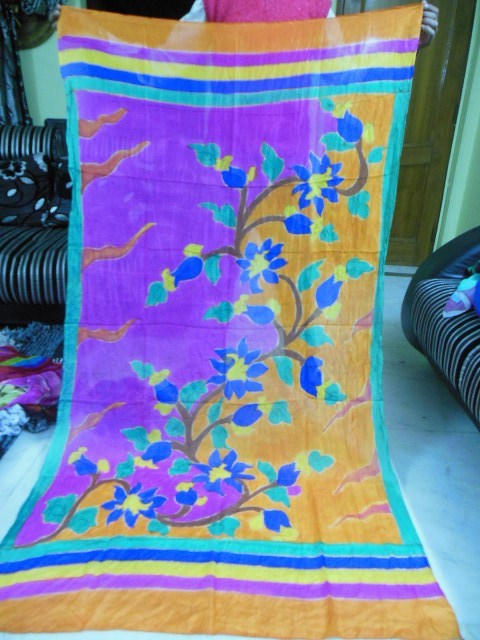 Hand Brush Paintings In Silk Scarfs