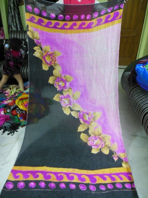 Hand brush paintings in silk scarfs