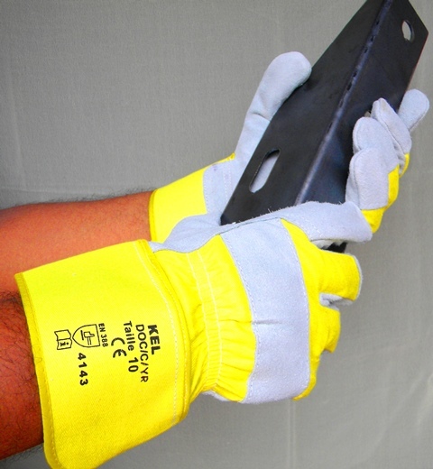 DOC/C/YR - Cow Split Leather, Size 10, Yellow | Reinforced Palm, Cotton Canvas Cuff, Cotton Lined