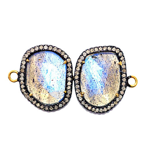 Pave Diamond Labradorite Gold Finding - 14k Gold, 45x23 mm, Blue Labradorite, 1.18 ct Diamond, Silver 2.69 gms, Elegant Design