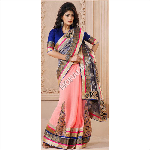 Designer Saree Online - Georgette Art Silk Saree 6.30 Meters Pink Purple, Patch Butta Work, Unstitched Velvet Blouse
