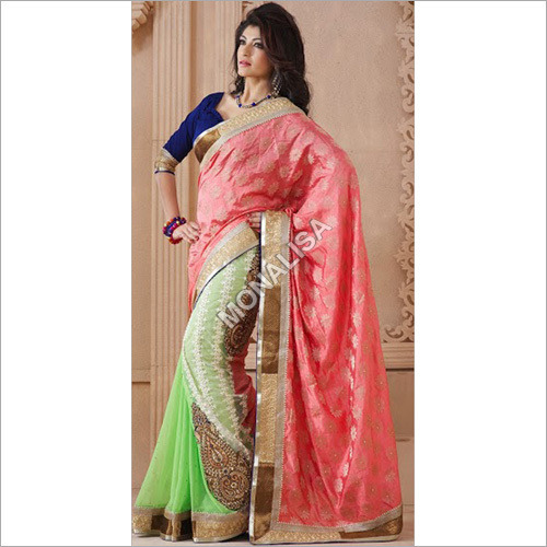 Half Saree Collections - Georgette Art Silk, 6.30 Meters, Peach Green | Unstitched Blouse, Patch Butta Patta Work, Custom Stitching