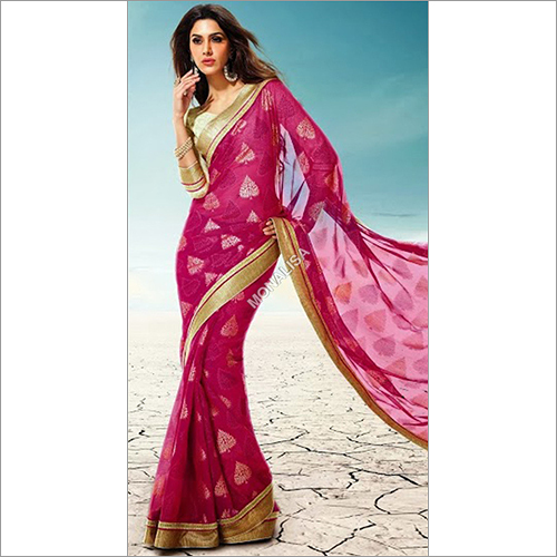 Sarees New Arrivals - Chiffon Brasso Saree 6.30m, Magenta, Foil Work, Unstitched Blouse