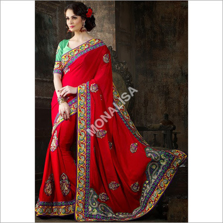 DESIGNER WEEDING SAREES ONLINE - Pure Crepe Saree 6.30 Meters, Red, Heavy Embroidery, Unstitched Dhupion Blouse