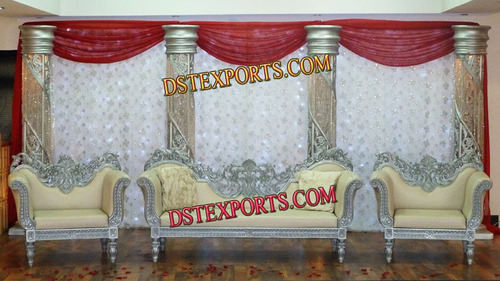 Latest Asian Wedding Silver Stage - Wood, Varied Sizes, Off-White, Three-Seater | Elegant Design, Durable Material, Easy Assembly, Royal Look, Wedding Ready