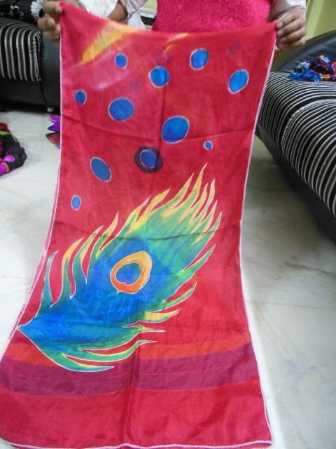 Hand Brush Paintings In Silk Scarfs