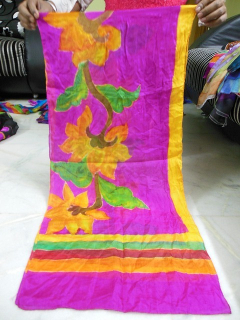 Hand Brush Paintings In Silk Scarfs