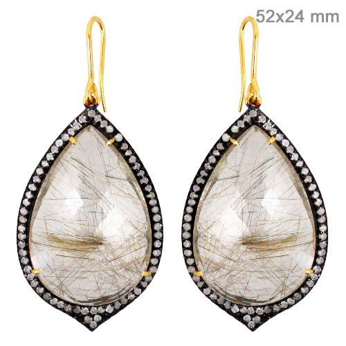 Rutile Quartz Diamond Gold Earrings