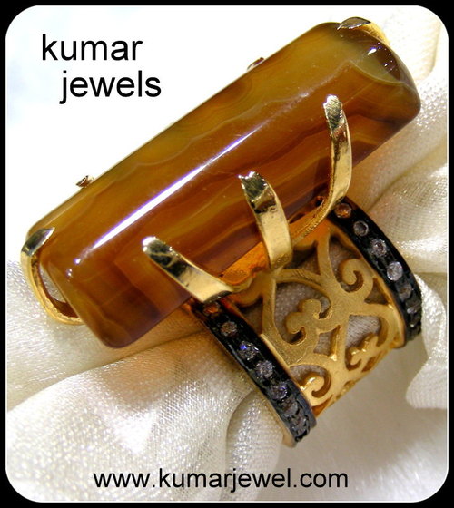 Long Stone Ring - Silver Alloy, Gold Plated, Black Rhodium Coating, Brown Semi-Precious Stone | Cubic Zirconia Accent, Elegant Design