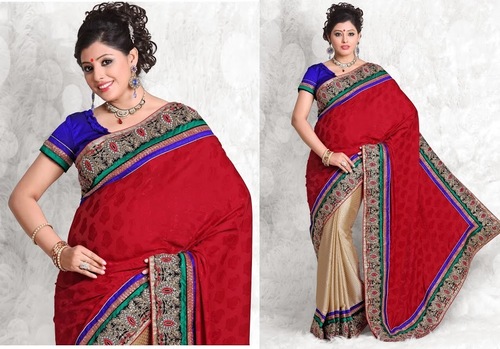 Designer Sarees Blouse - Jacquard Crepe Saree, Art Silk Blouse, 6.30 Meters, Red Beige | Stone Work, Heavy Patch Patta, Custom Stitching
