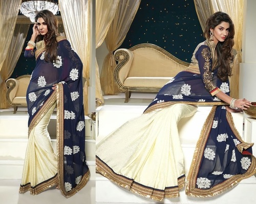 GEORGETTE AND SATIN SAREE WITH BROCADE BLOSUE