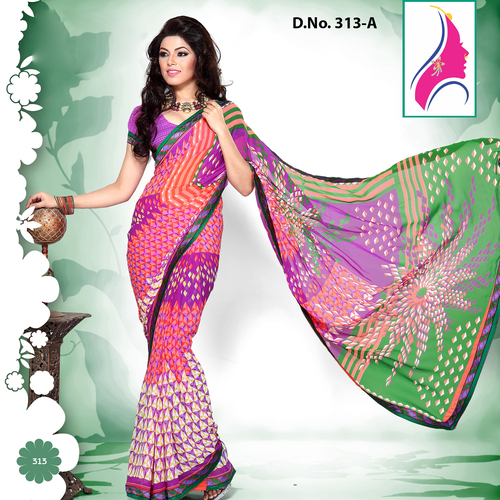 Fency Pink Designer Printed Sarees With Lace