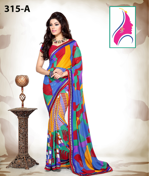 Fancy Multi Blue Colored Saree With Lace Border