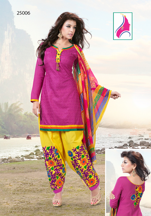 Zesty Magenta Cotton Designer Embroidery Suit
