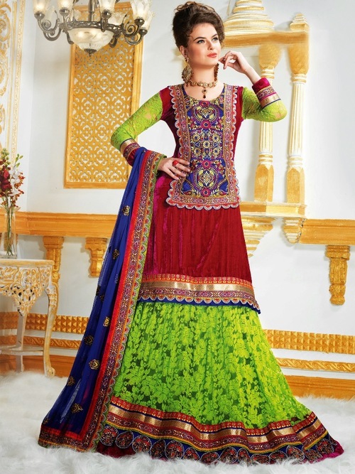 Fancy Bridal Lehenga Supplier - Velvet Net, 54 Inches, Red Green | Hand Embroidery, Zardozi, Resham, Elegant Designs, Perfect Fittings, Durable