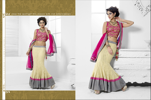 Bridal Lenghas Online Shopping - Brocade & Net Lehenga Choli, Pink, Embroidered, Handcrafted Elegant Design