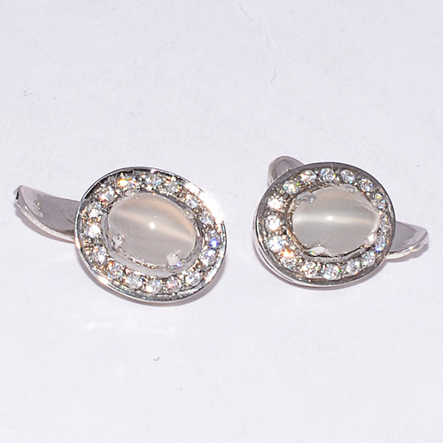 925 Sterling Silver Cat's Eye & CZ Gemstone Cufflinks - 15x10 mm, Polished Finish, Handmade, Elegant Design