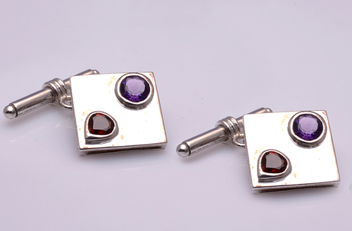 925 Sterling Silver Garnet & Amethyst Gemstone Cufflinks - 15x15 mm, Silver, Handmade Elegant Design