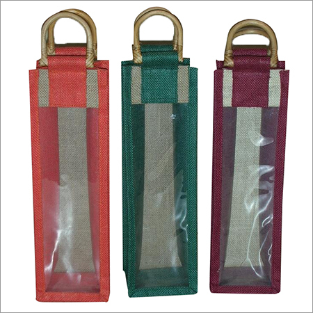Jute Clear Front wine bag with cane handle
