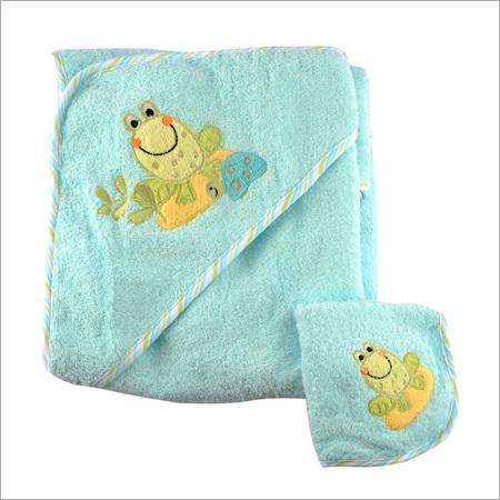 Baby Towel With Napkin(Mm 1537 (301G)) - Cotton, 30x30 cm, Blue Green White Pink | Soft, Absorbent, Hooded, Matching Napkin