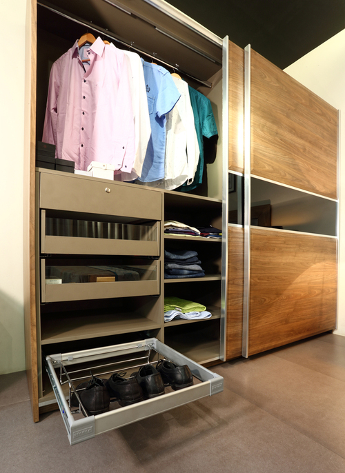 Sliding Wardrobe Internal - Wood and Metal, Variable Size, Brown | Smooth Sliding, Pull-Out Drawers, Adjustable Shelves, Space Saving