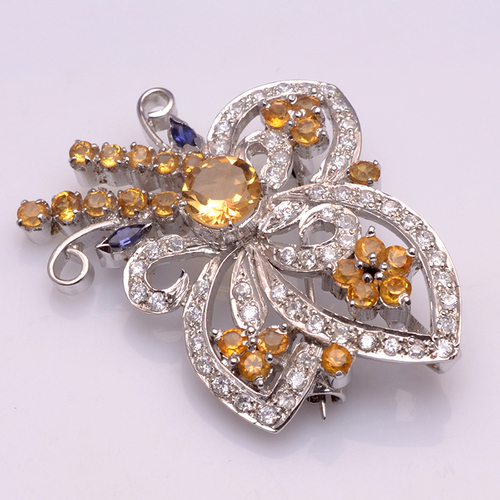 925 Sterling Silver Golden Topaz & Zircon Gemstone Broach